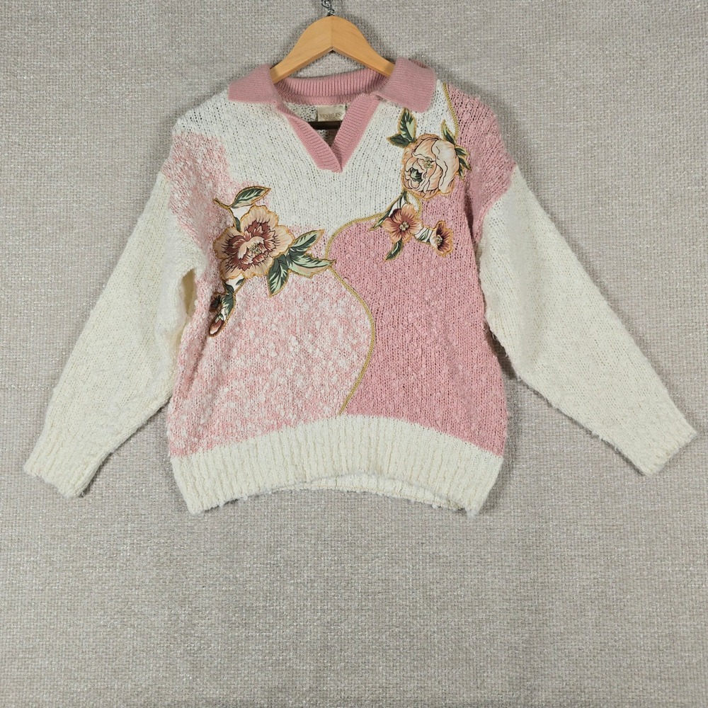 Needles & Yarn Vintage‎ Knit Sweater Womens Medium Pink White Floral Beaded